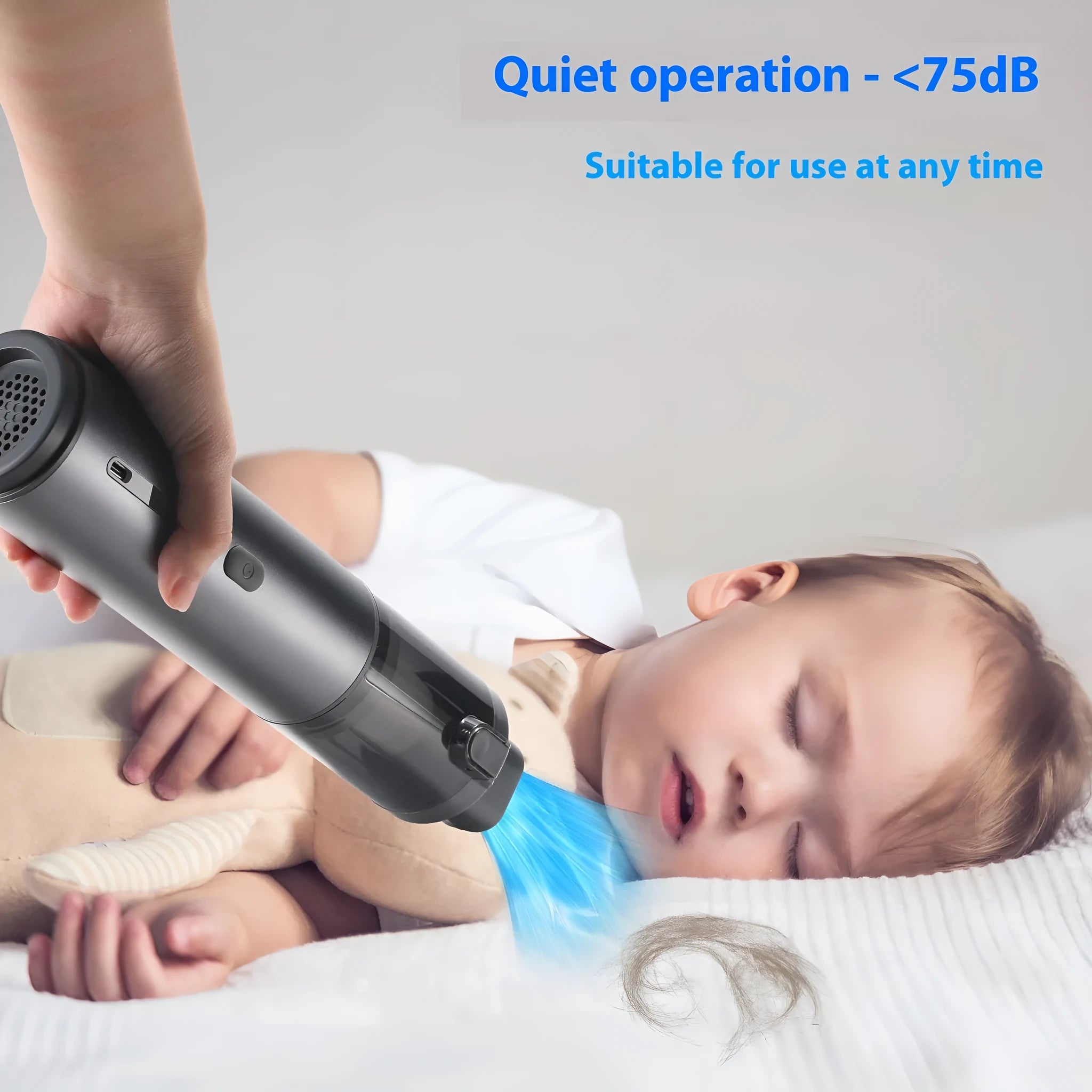 High-power rechargeable car vacuum cleaner in black with multiple nozzle brush heads and charging cable