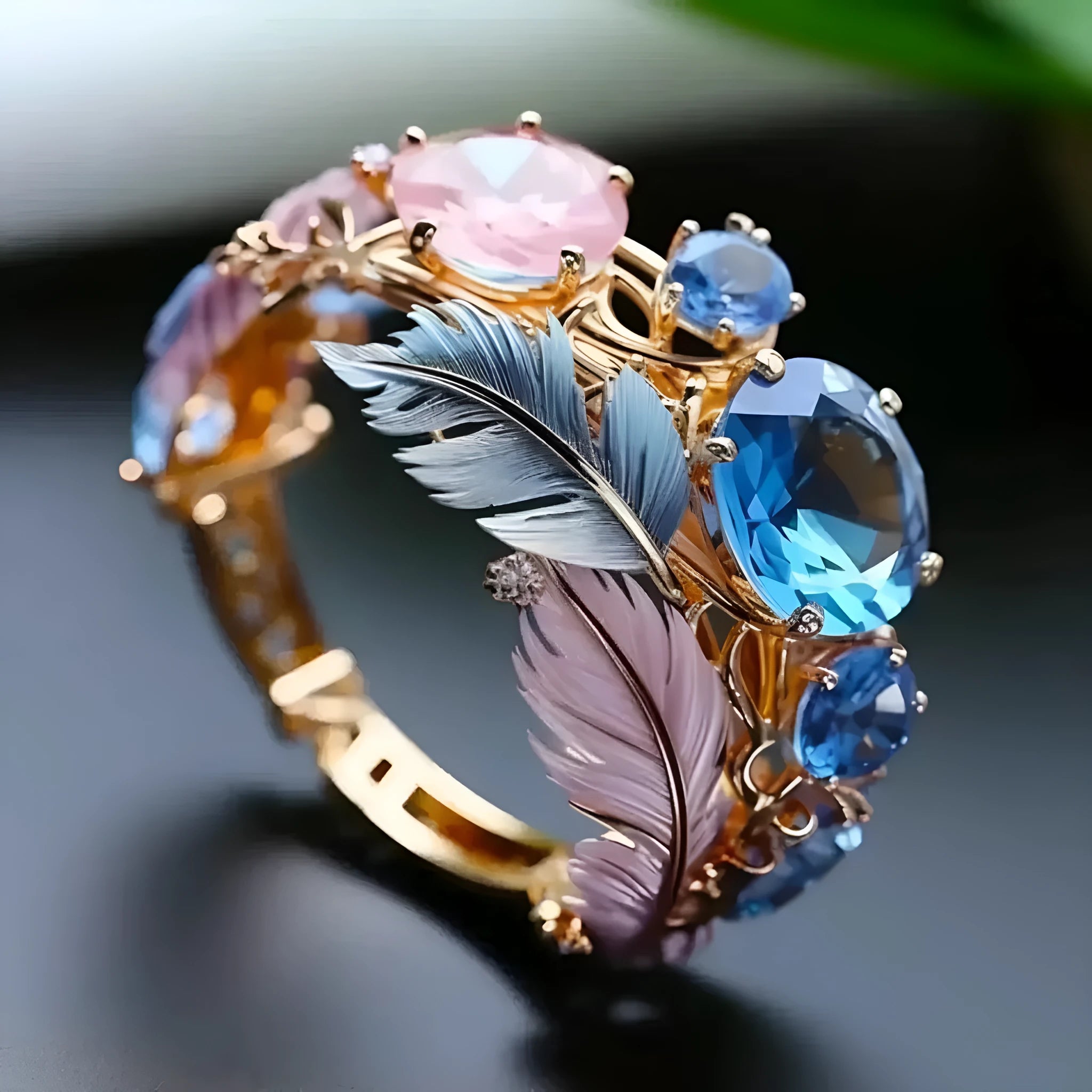 Geometric feather pattern brass ring with inlaid zircon stones in gold colour