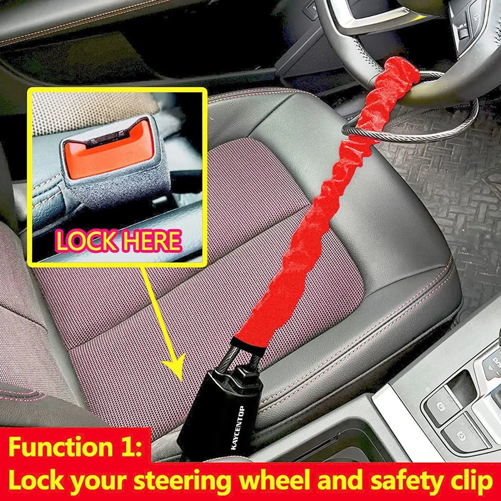 Red steel cable steering wheel lock for General Motors vehicles with copper core mechanism