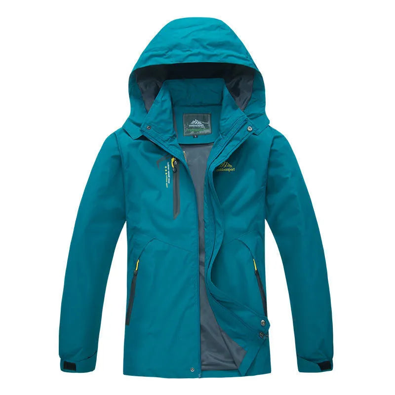 Unisex outdoor thin waterproof hooded polyester jacket in male army green colour