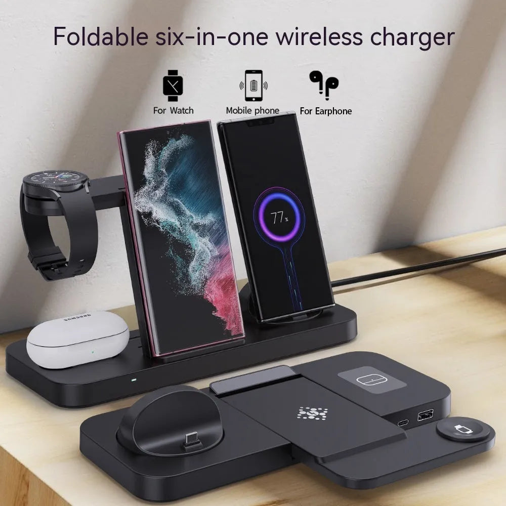 Wireless charging station for phone, watch and headset with rotating mount in black colour
