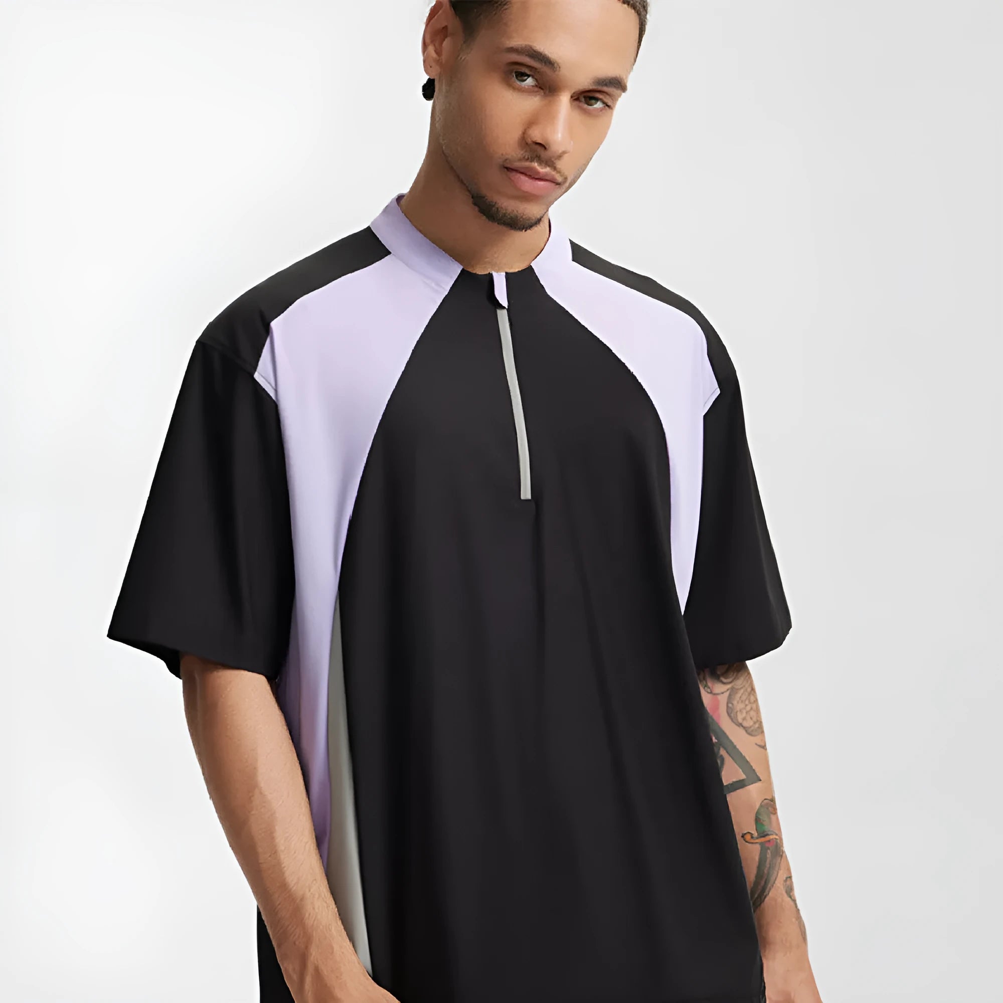 Men's lightweight polyester leisure shirt in solid black and beige colours with stitching details