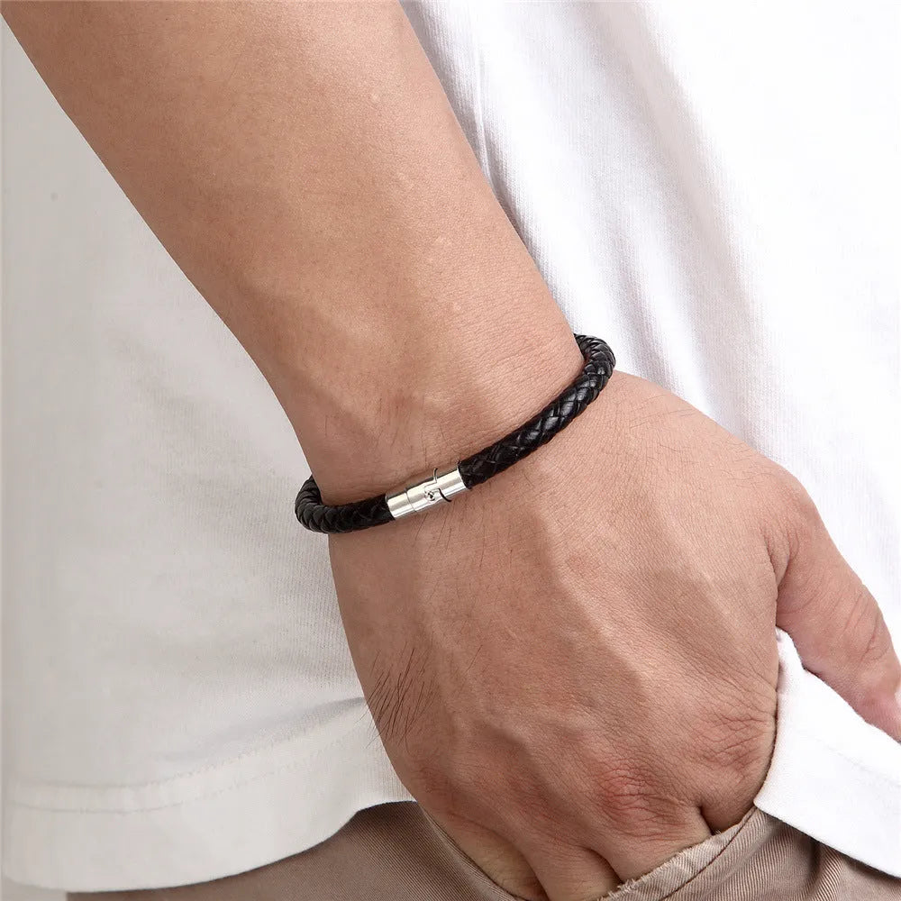 Titanium steel geometric wire bracelet with a magnetic clasp shown in multiple colour options.