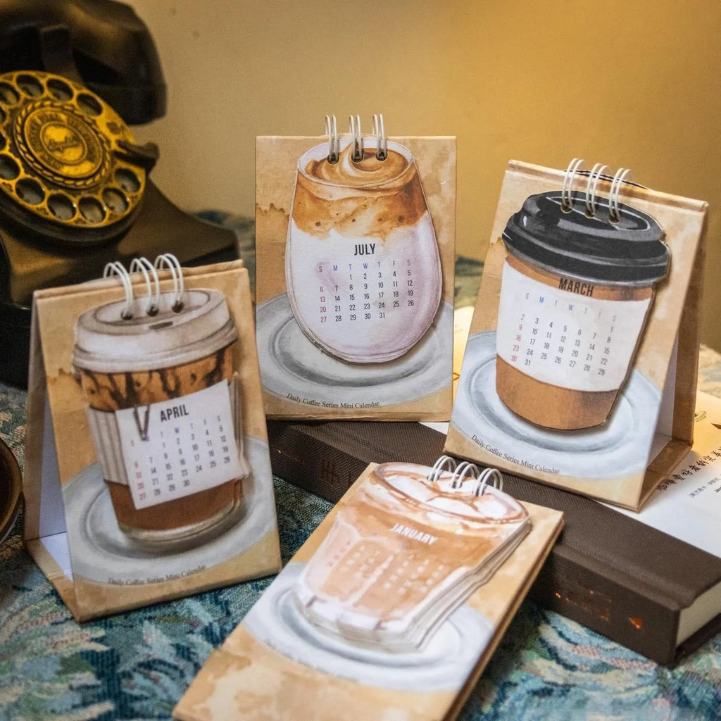 Mini 2025 desk calendar showing four design options including coffee time and motivational phrases