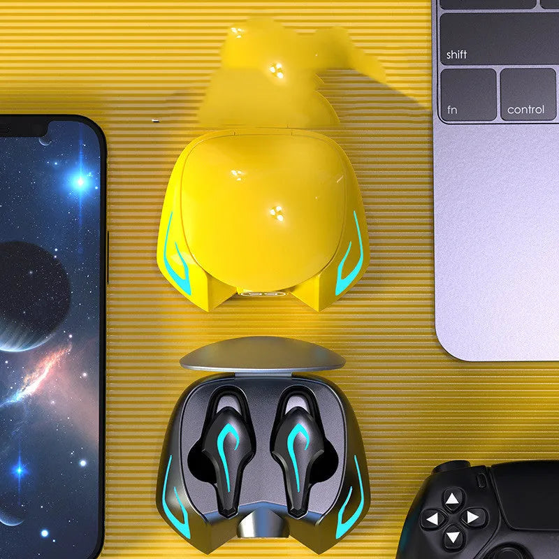 Close-up of a colourful LED Bluetooth gaming headset with in-ear earpieces on a dark background.