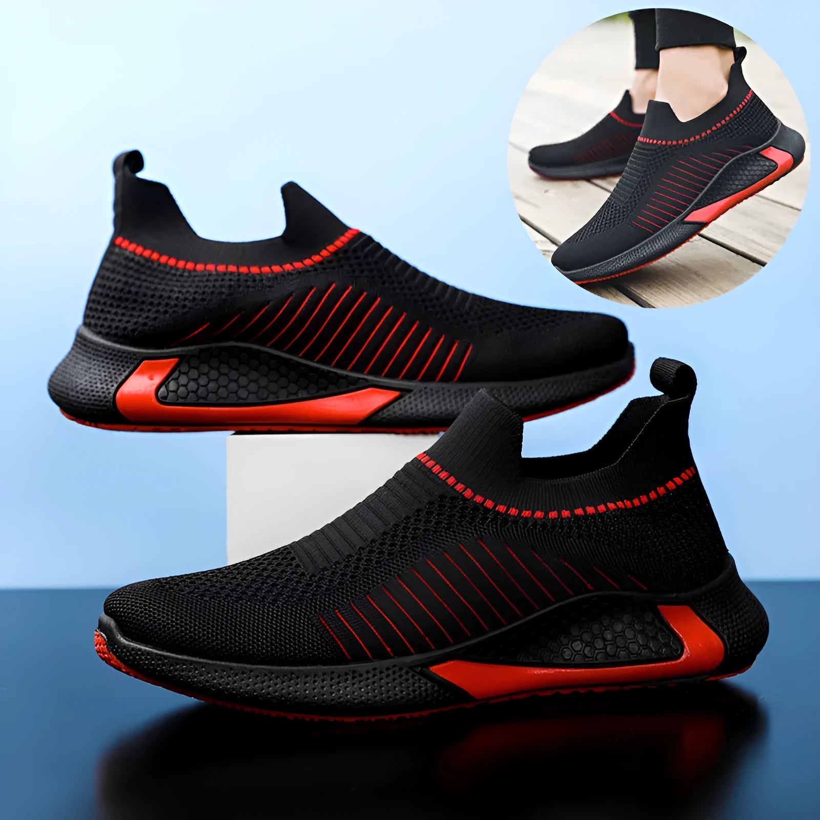 Men's striped mesh sock shoes with flyknit upper and plastic sole in three colour options