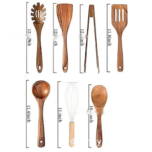 7-piece wooden kitchen utensil set showing four different spoon and spatula designs on a kitchen surface