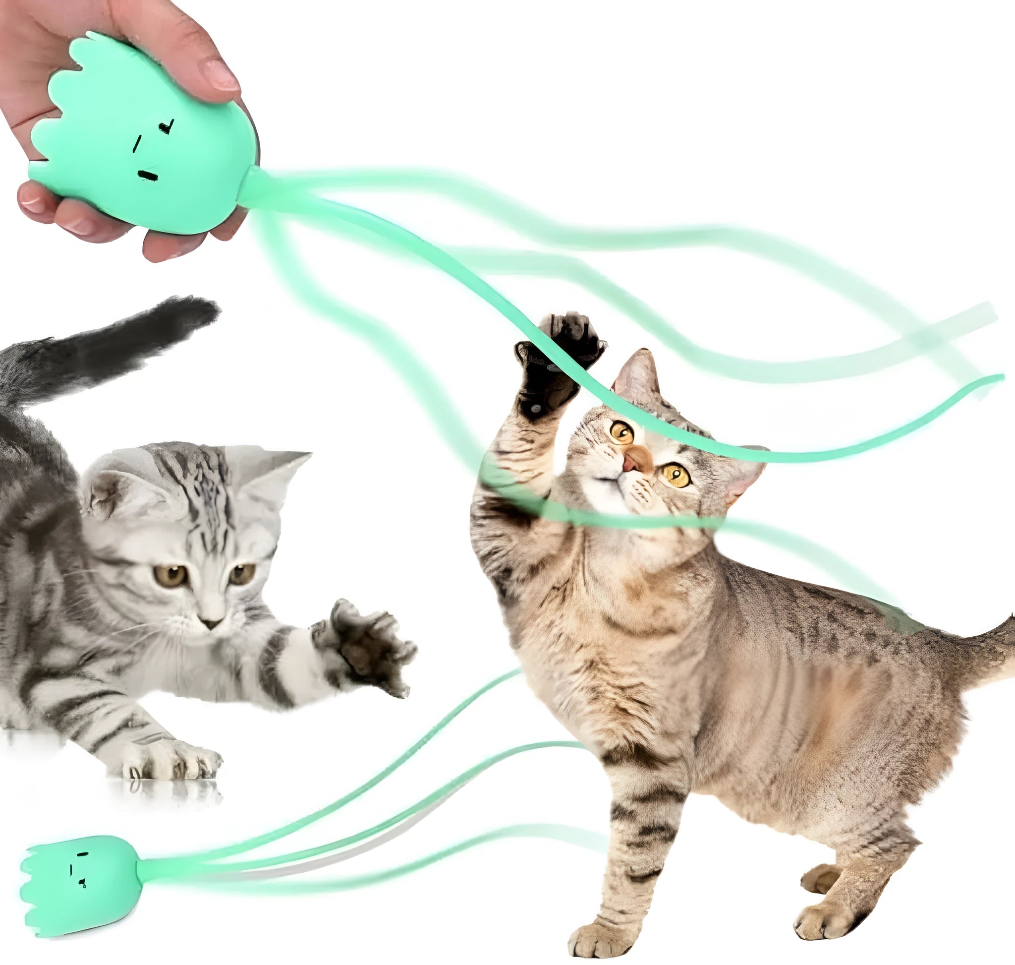 Green automatic electronic cat wand toy with swinging silicone tails on white background