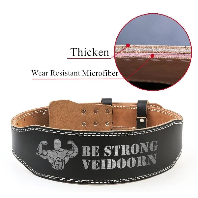 Black narrow cowhide fitness belt with adjustable punching holes for weightlifting core and lumbar support