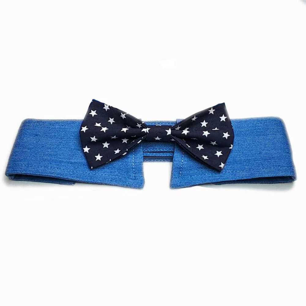 Blue denim dog collar with a star-patterned black bow tie, shown on a mannequin.