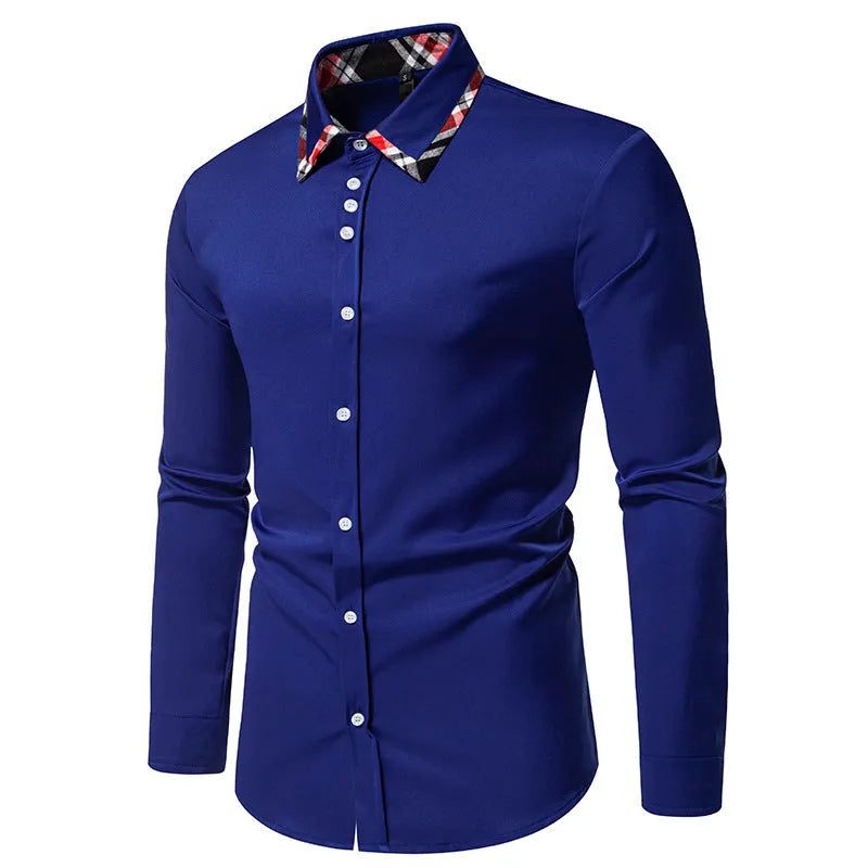 Man wearing a blue plaid long sleeve shirt with a triangle collar
