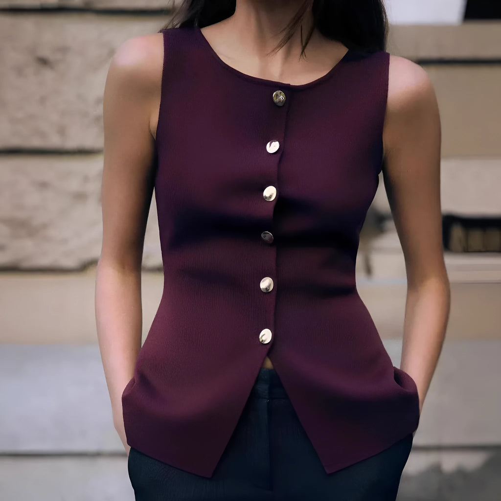 Women's dark red sleeveless sweater vest with slim fit and 3D pattern design