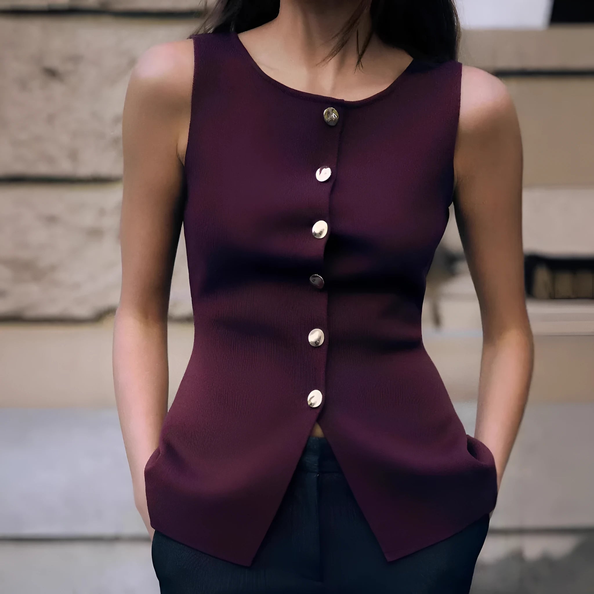 Women's dark red sleeveless sweater vest with slim fit and 3D pattern design