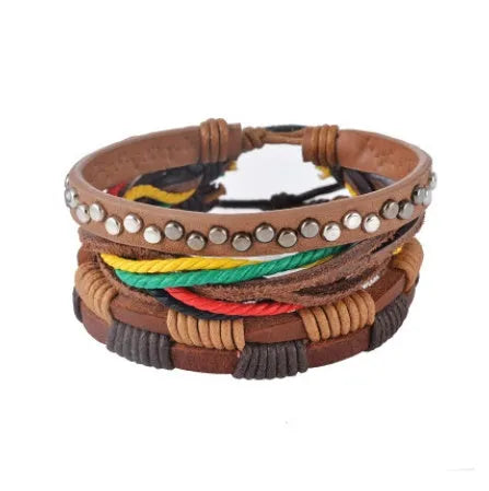 Hand-woven leather bracelet with wooden beads and adjustable closure in punk style