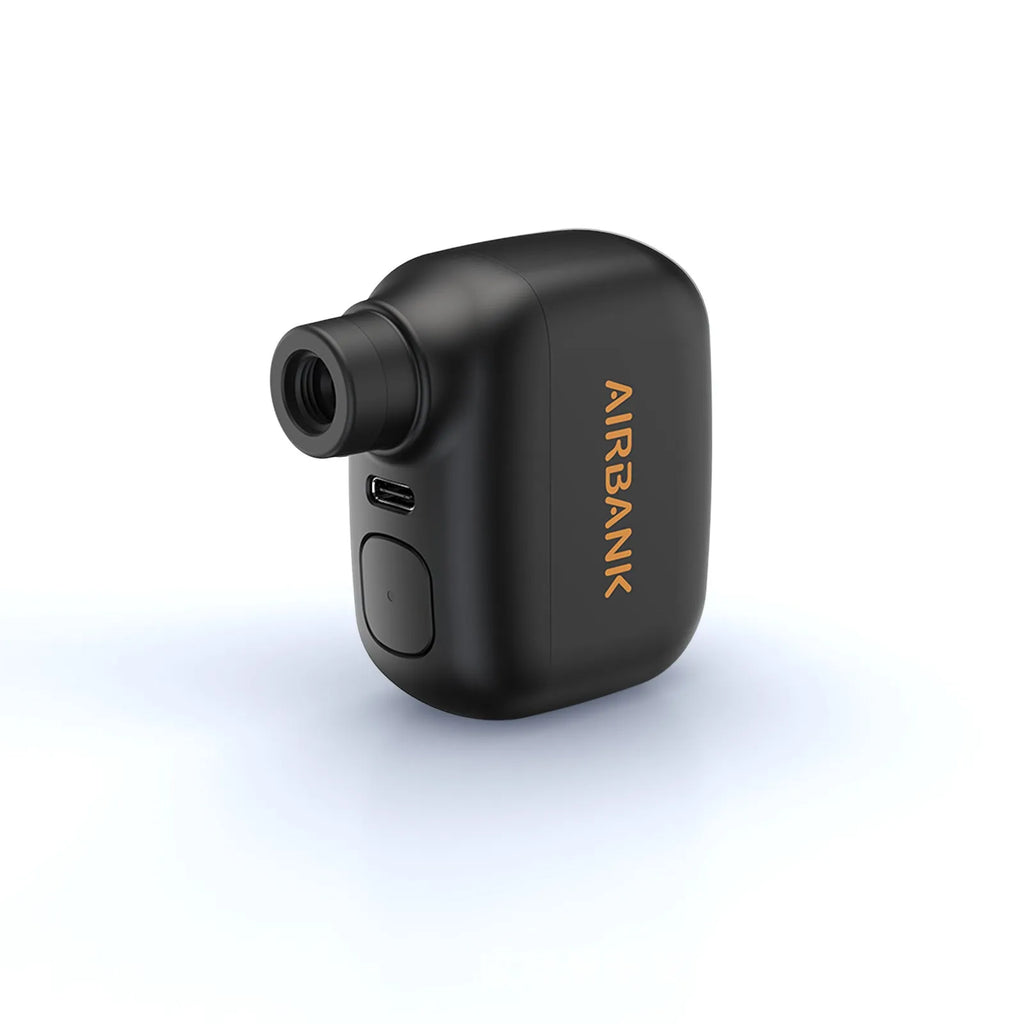 Black AS100 electric bicycle pump with USB charging cable and waterproof storage bag