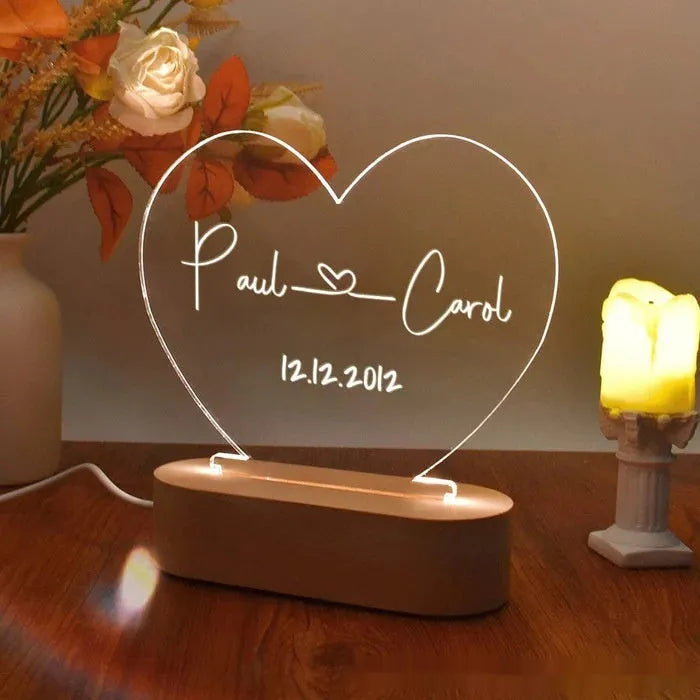 Custom transparent acrylic night light with names and dates, 20cm by 11.5cm modern art bedside lamp