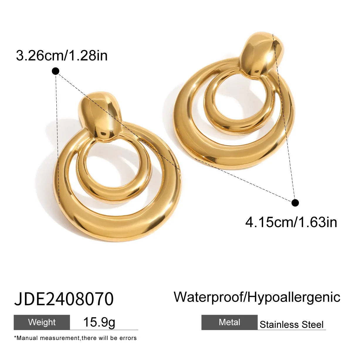 A pair of round gold-coloured geometric stud earrings with a double-layer hollow design.