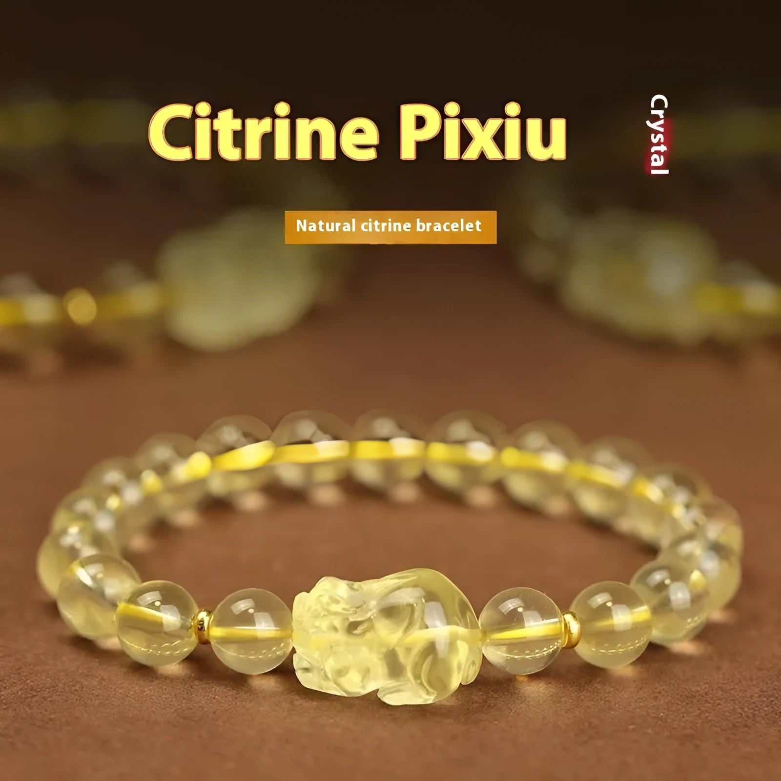 Yellow leather bracelet with artificial citrine crystal Pi Xiu charm.