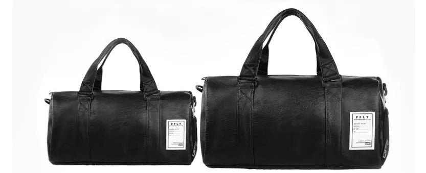 Black waterproof sports bag with separate side shoe compartments shown in large and small sizes.