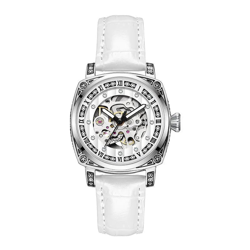 Mechanical wristwatch with luminous hands on a leather strap, shown in multiple colour options.