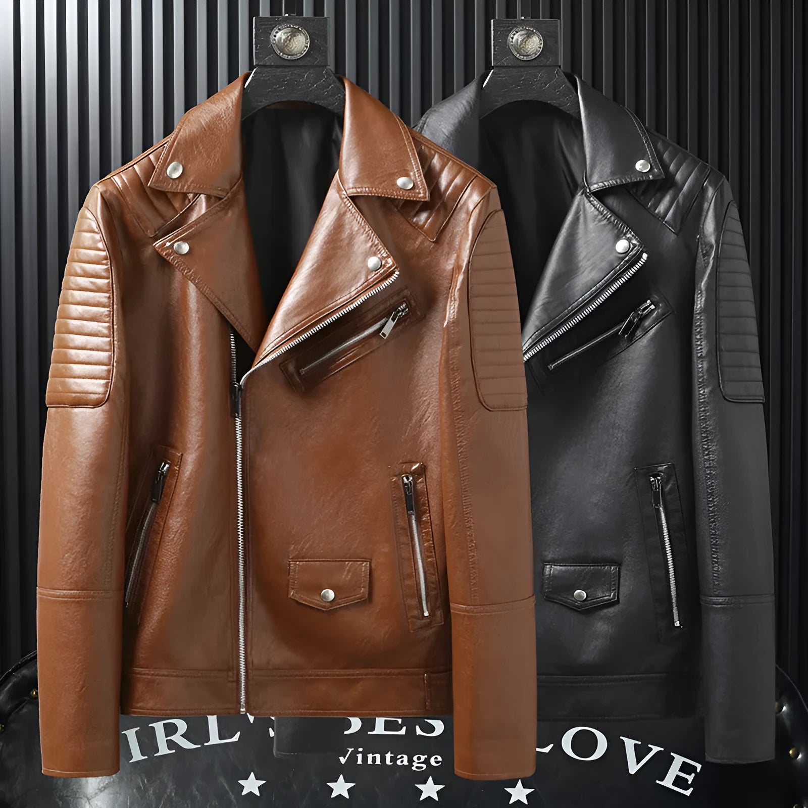 Men's slim-fitting PU biker leather jacket in black, zipper pockets, 50cm length