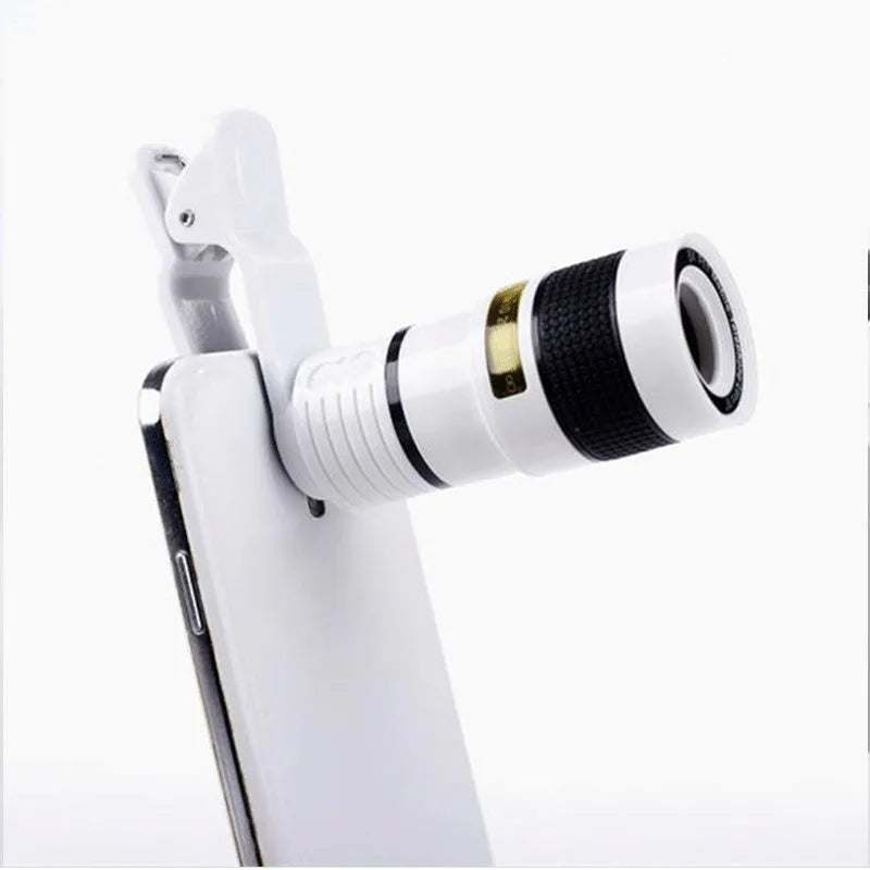 12X magnification phone telescope with adjustable clip attached to mobile phone for long-distance photography