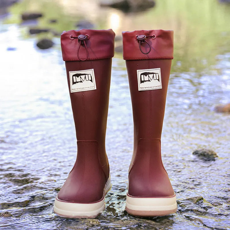 Couple PVC platform high tube rain boots in solid colour for outdoor camping waterproof non-slip