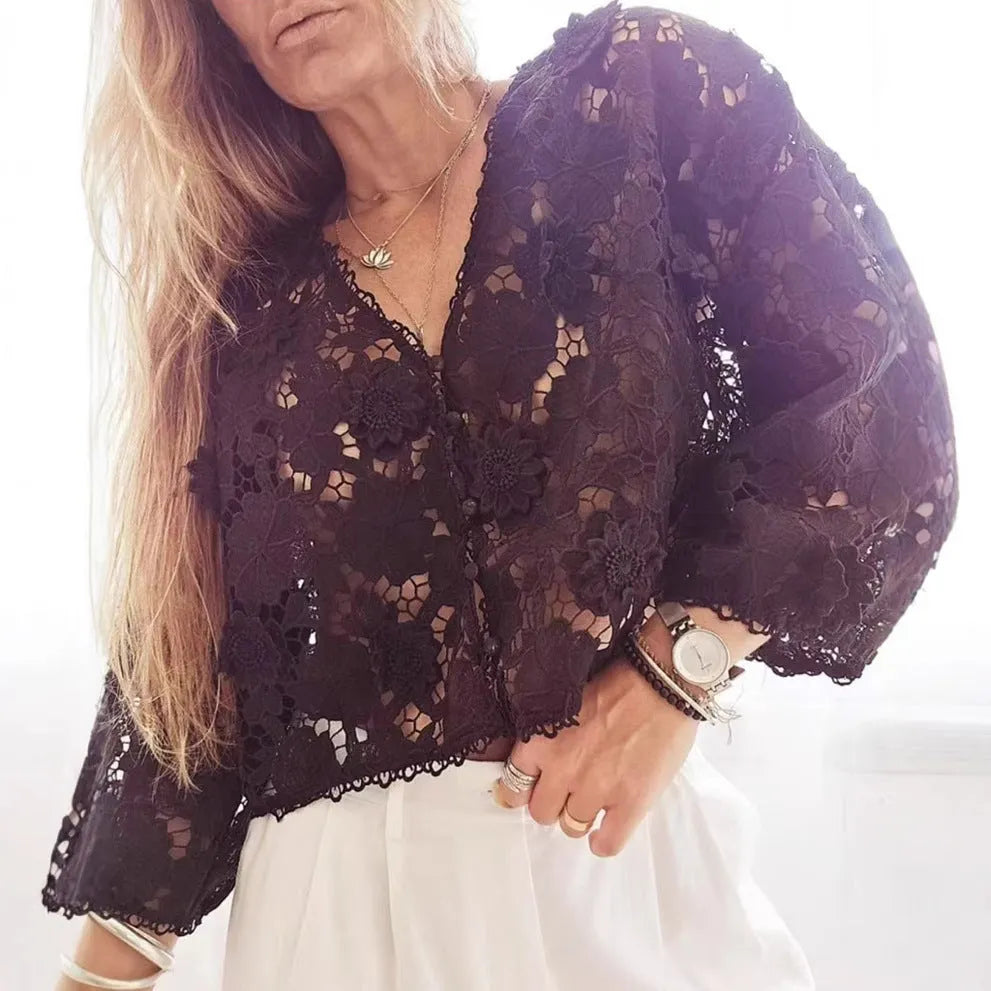 Women's black lace V-neck blouse with three-dimensional white floral decoration and long sleeves