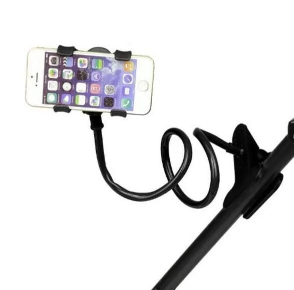 Black universal phone holder with long 70cm flexible arm and V-type clip, mounted on a bed frame.