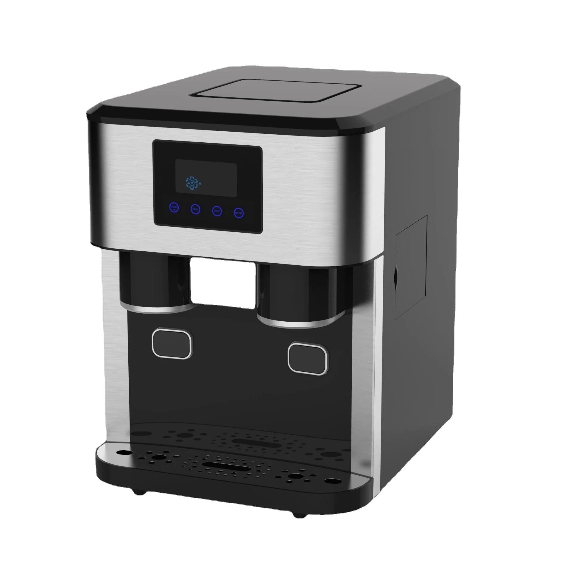 Black desktop ice making machine with stainless steel interior, showing ice maker, crusher, and cold water dispenser functions