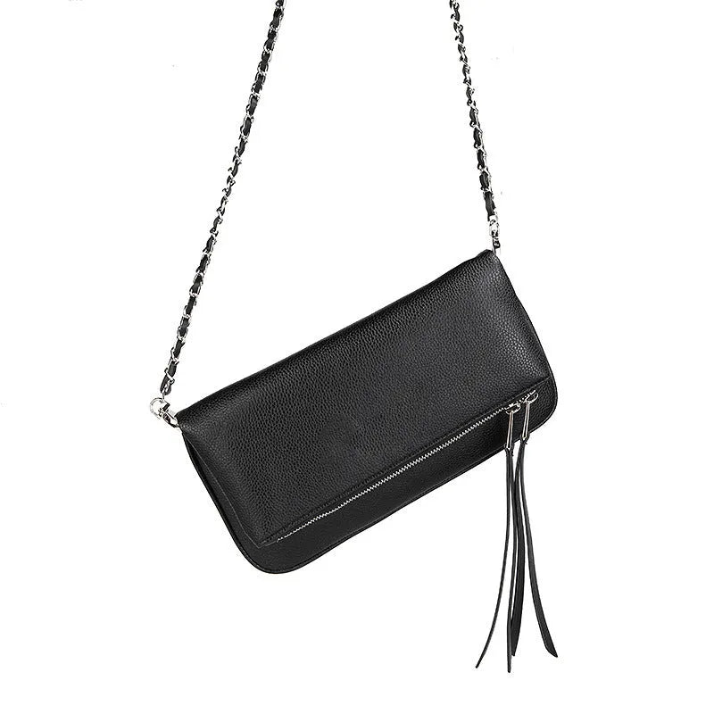 Women's black chain folding clutch shoulder messenger bag with shell shape design and sandwich zipper compartment