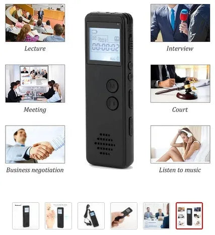 Matte black MP3 digital voice recorder showing screen, one-key recording button, and 3.5mm jack.