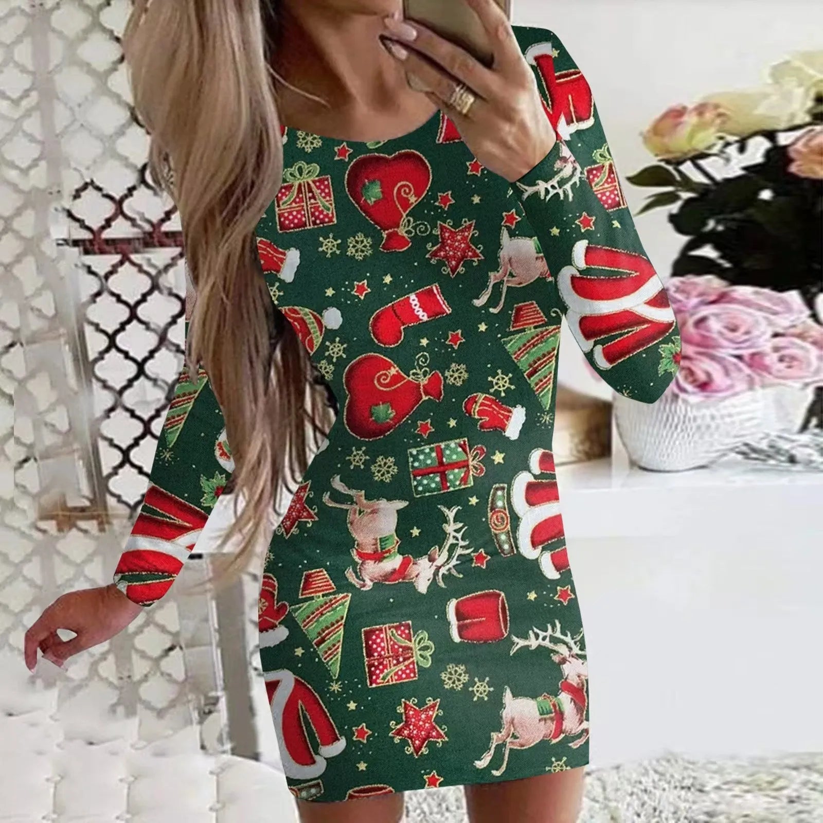 Christmas printed floral pattern dress with round neck and long sleeves in tight fit