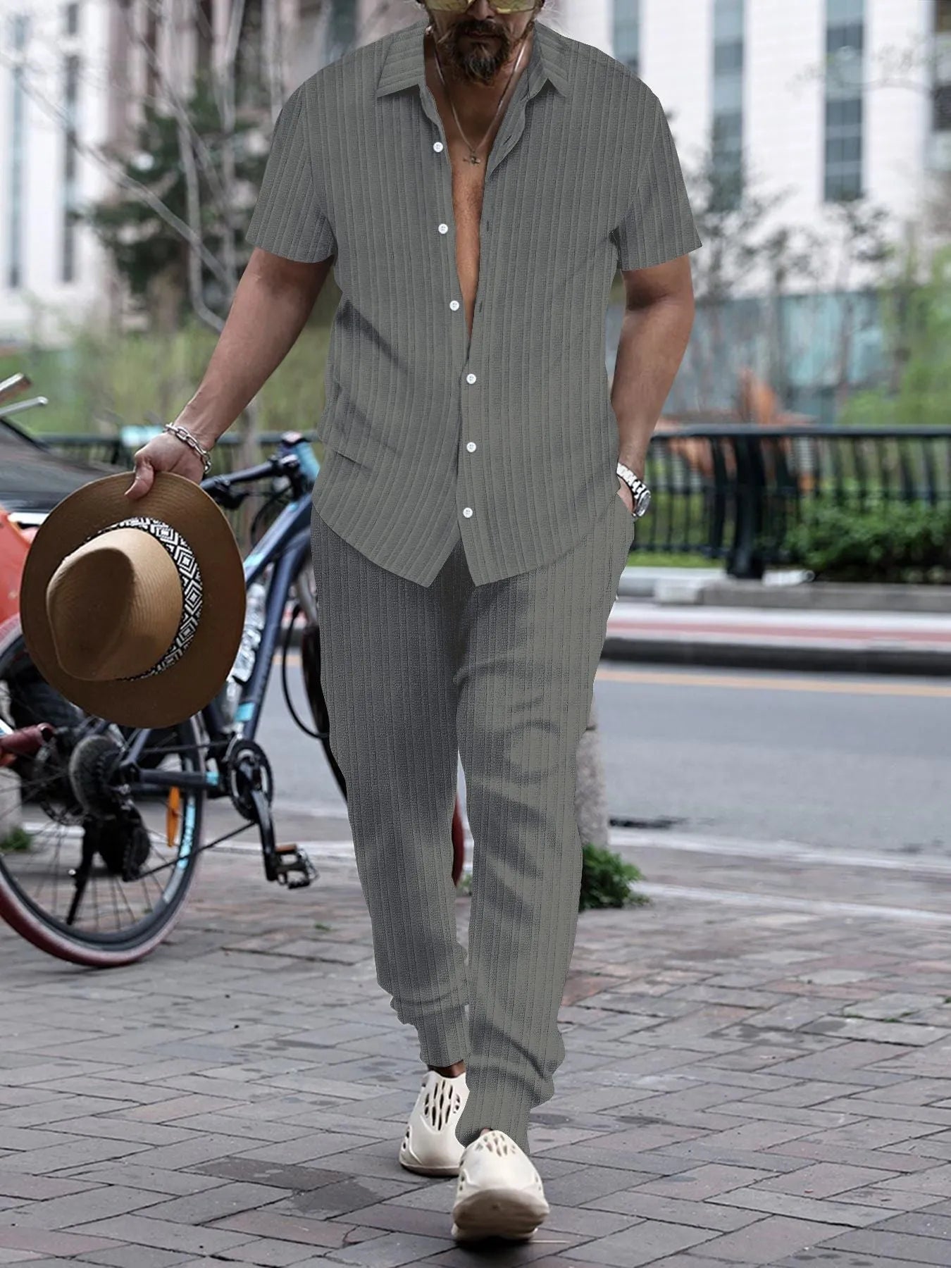 Men's casual loose short sleeve shirt and trousers beach suit set in white, cotton blend fabric