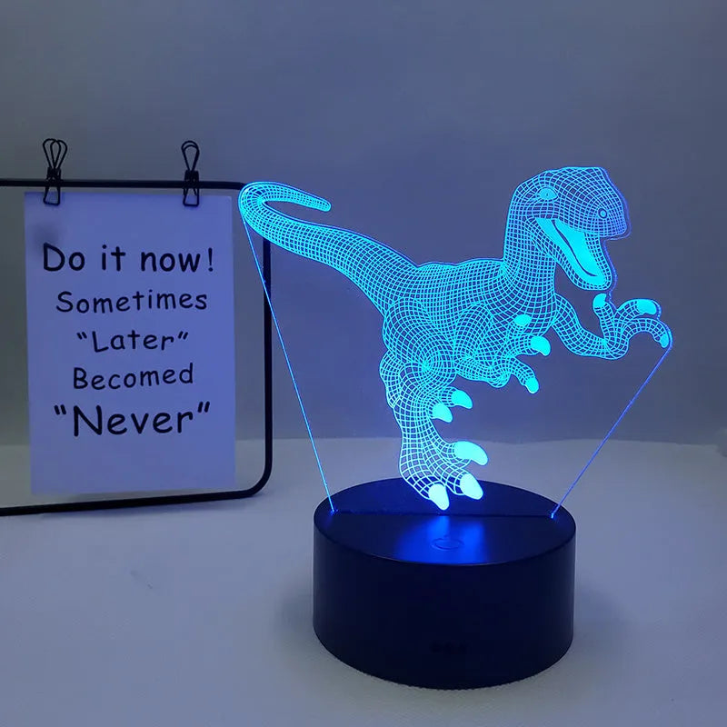 Colourful cartoon dinosaur LED desk lamp with remote control and acrylic lampshade on a black base