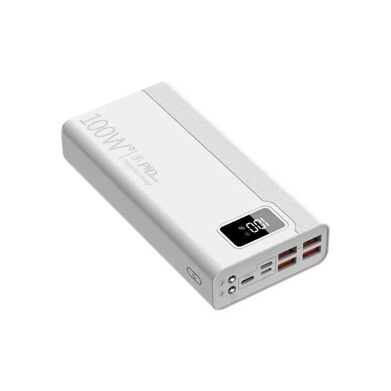 Large black and white plastic power bank showing front view with capacity options from 20000mAh to 50000mAh.
