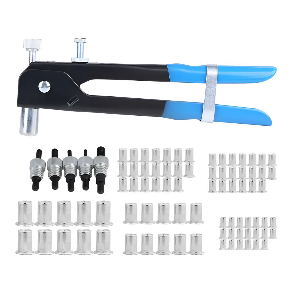 Alloy steel manual riveter tool with a case of nuts and rivets from the included gun set.