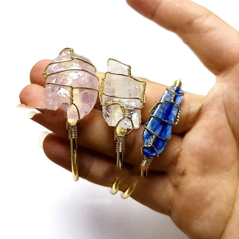 Natural crystal rough stone bracelet with gold wire wrapping in geometric bohemian design