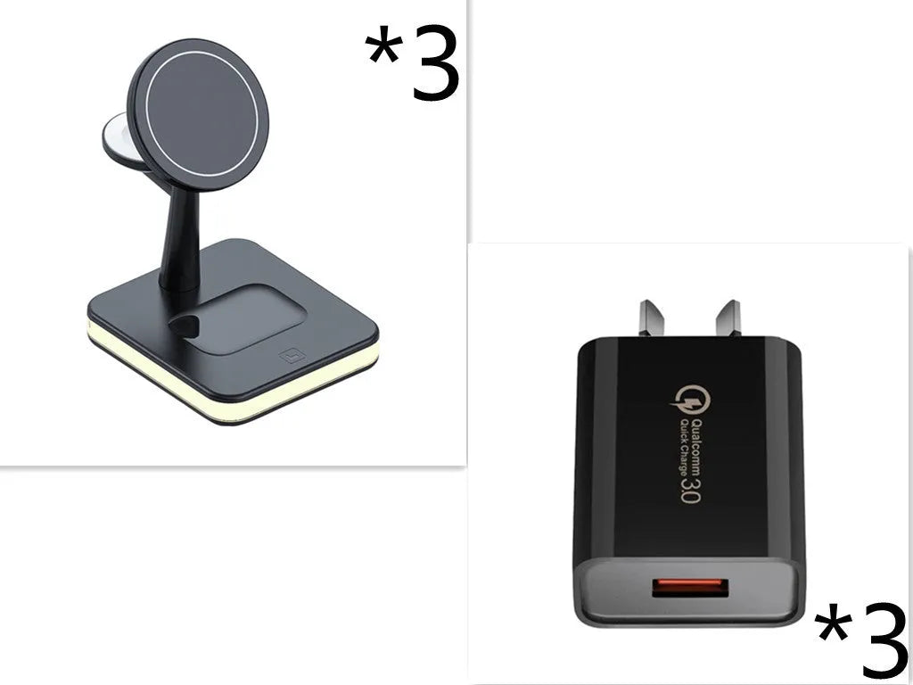 3-in-1 wireless charger magnetic bracket charging smartphone, watch, and earbuds on a desk