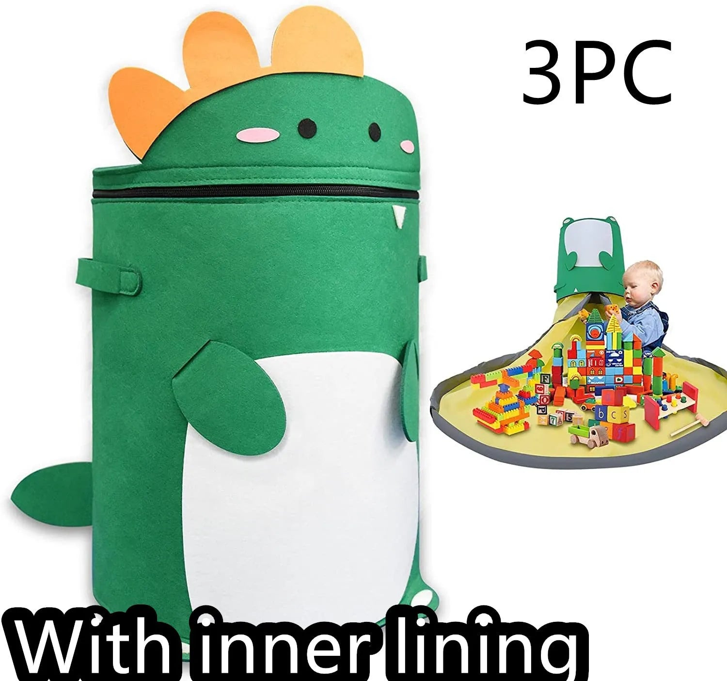 Green felt cube storage bag with pull rope shown as both a toy play mat and closed storage container