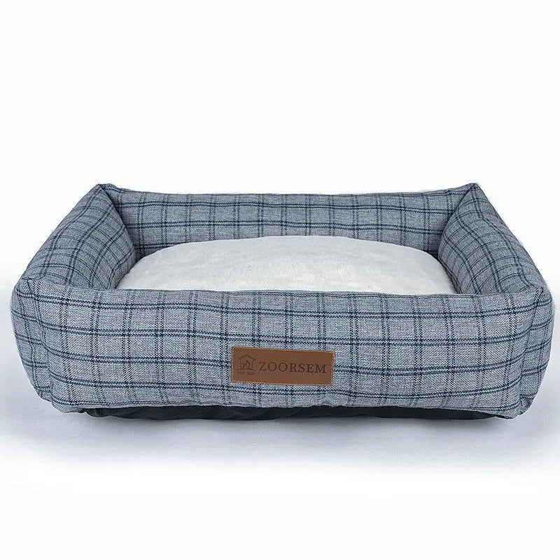 Square grey linen pet bed for dogs with dimensions 50x40cm to 80x60cm options