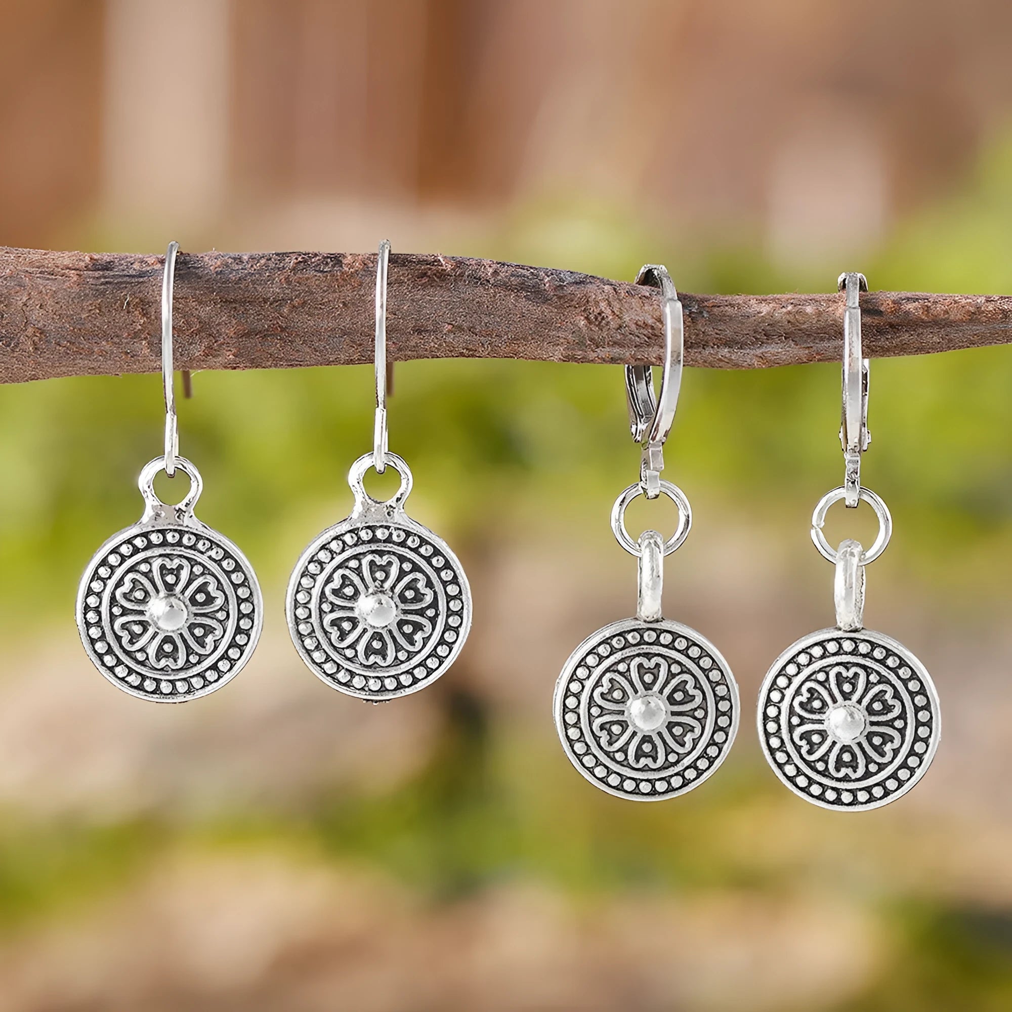 Bohemian retro geometric round earrings with distressed ethnic design in zinc alloy with electroplated finish