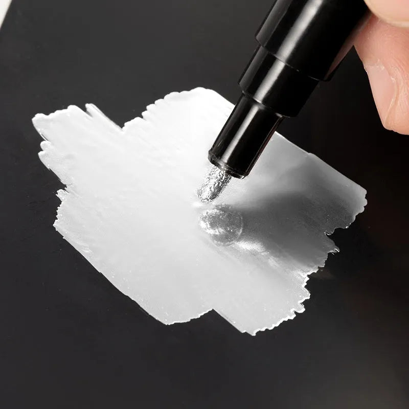 Waterproof mirror marker pen with plastic shell, shown with 1mm and 2mm tip size options.