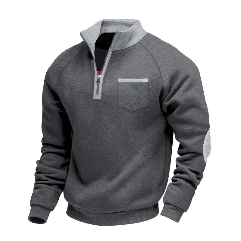 Men's fleece-lined zip-up stand collar patchwork sweatshirt in dark gray, front view, casual long-sleeve top