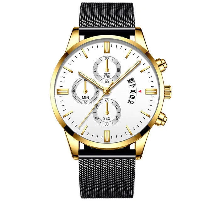 Men's stainless steel mesh band quartz watch showing analogue dial and choice of colour finishes.