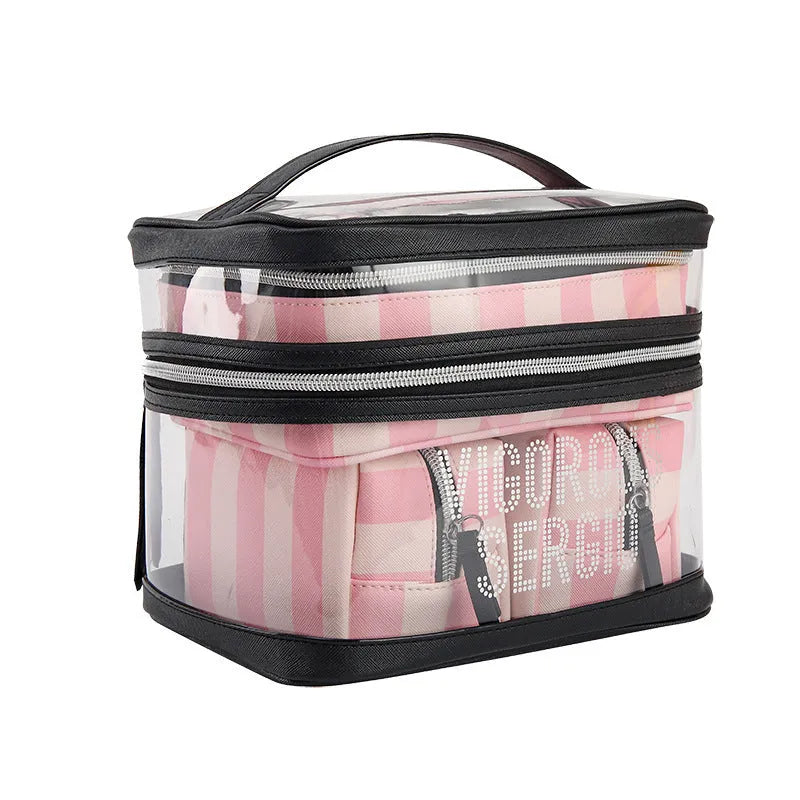 Pink bold stripes buggy bag makeup kit with floral pattern and synthetic leather construction