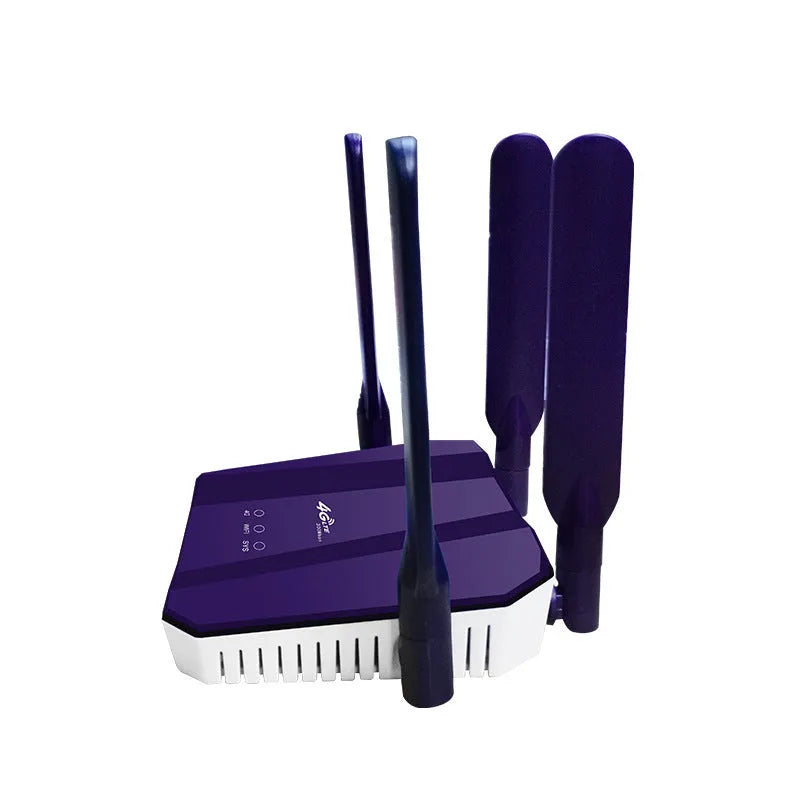 Blue 4G dual-mode wireless router with four extended external antennas.