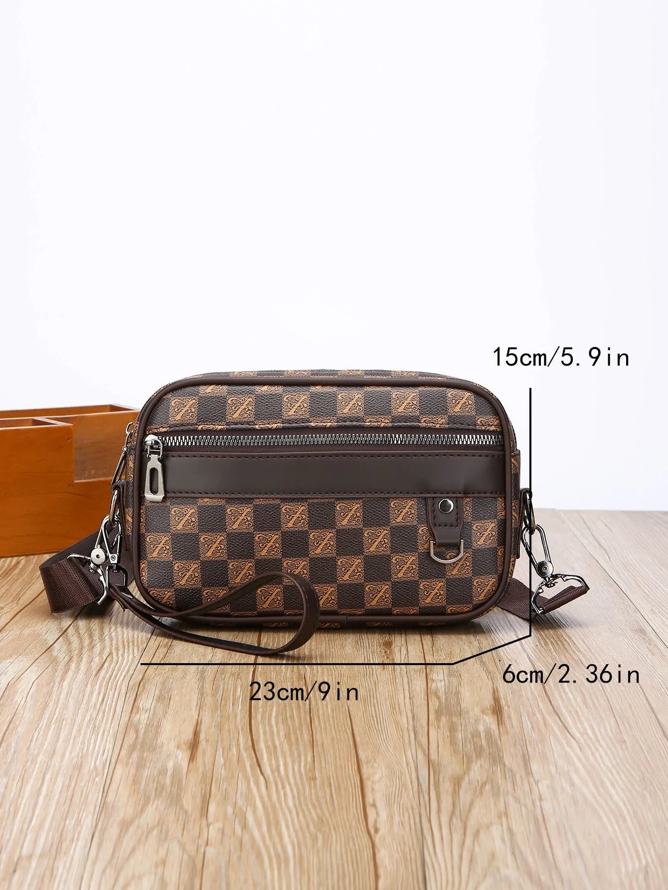 Men's black geometric pattern PU messenger bag with a shoulder strap, shown horizontally.