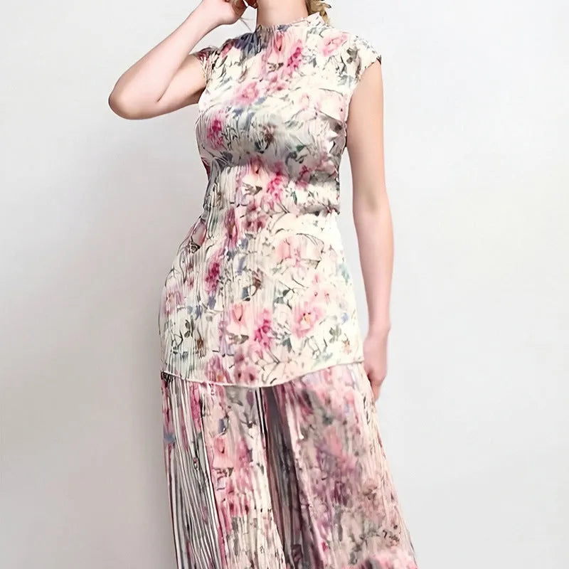 Long sleeve printed chiffon dress and top set on a hanger, showing high waist design.