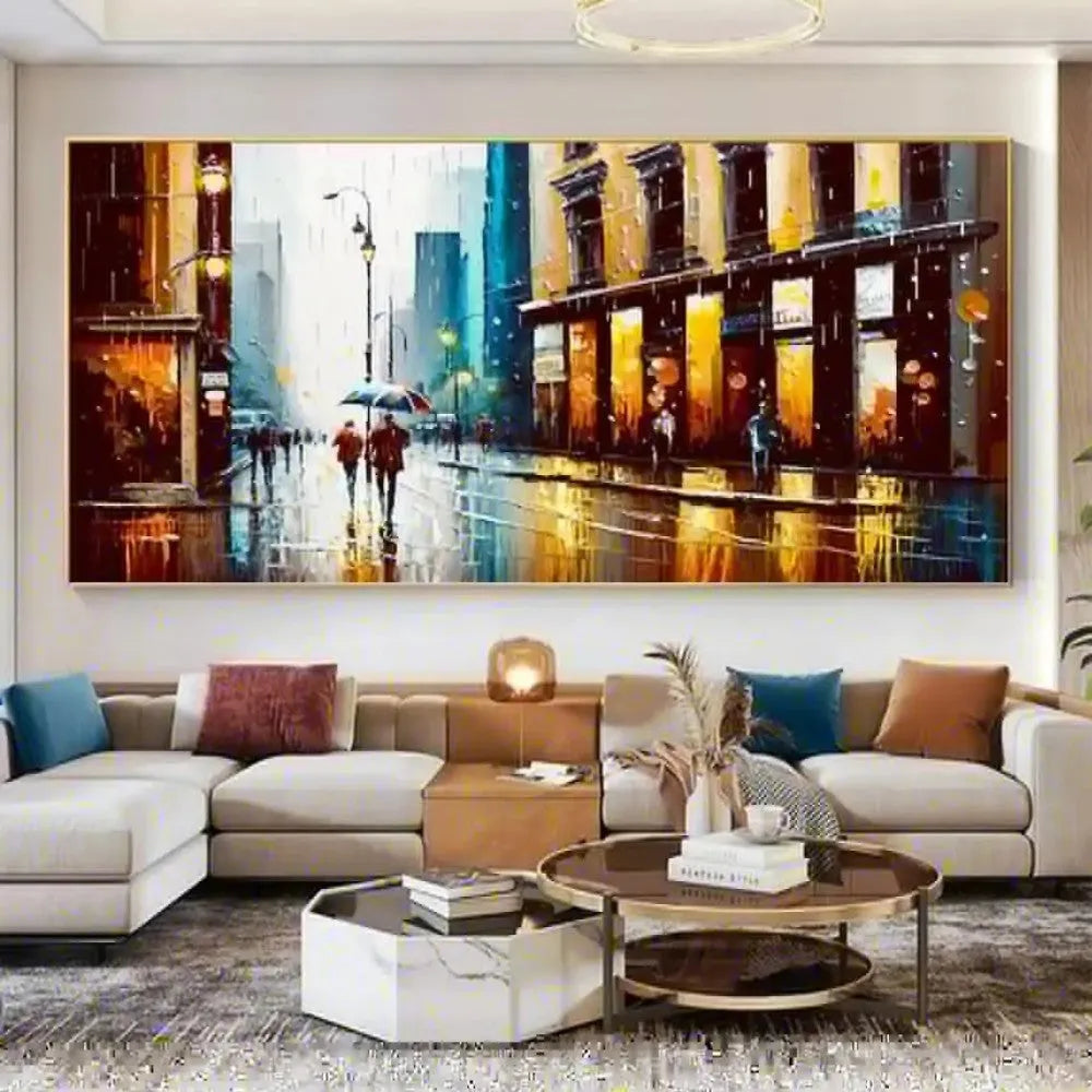 Handmade oil painting canvas wall art, modern abstract urban architectural street scene, horizontal rolled frameless unstretched painting